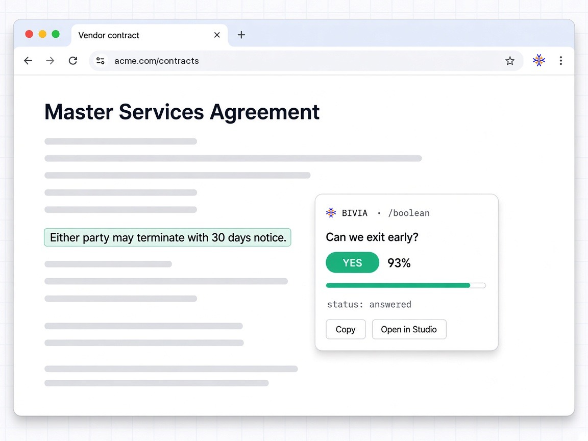The Bivia browser extension answering a question about highlighted text on a web page