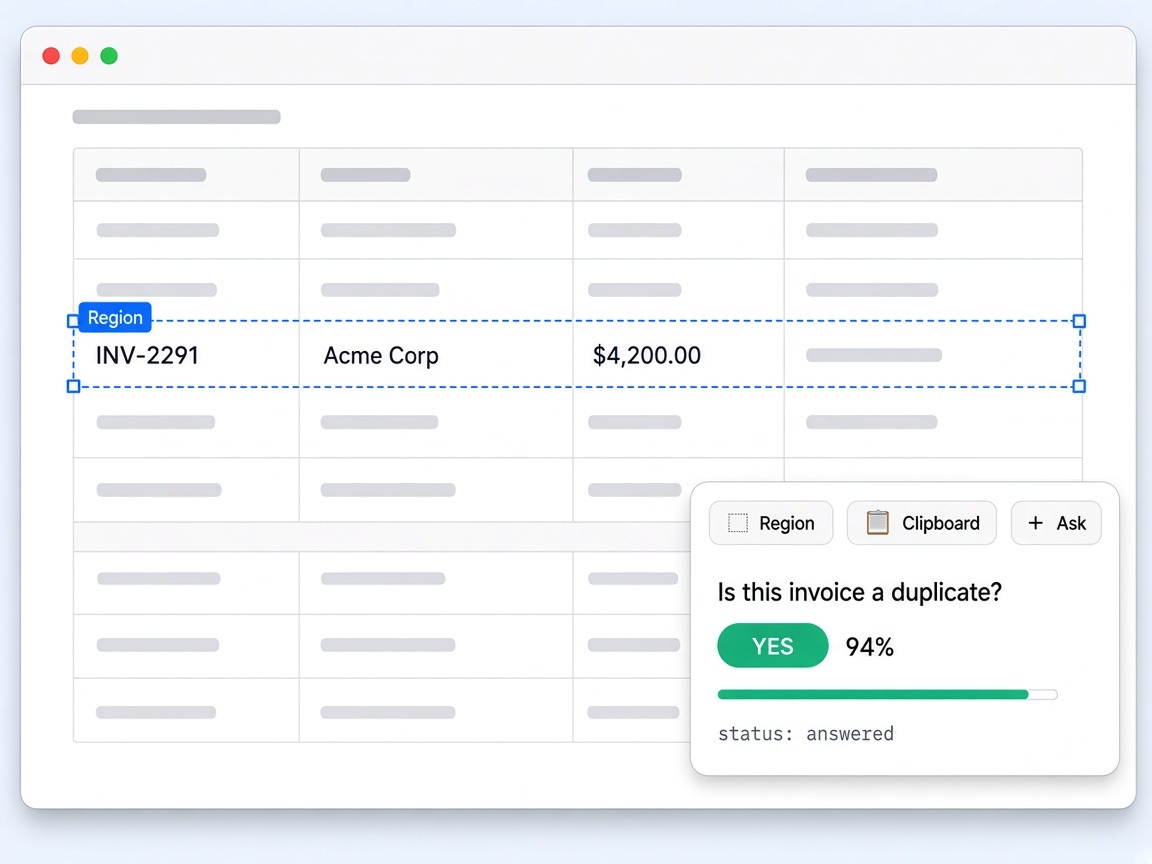 The Bivia desktop app floating over a spreadsheet, answering a question about a selected row